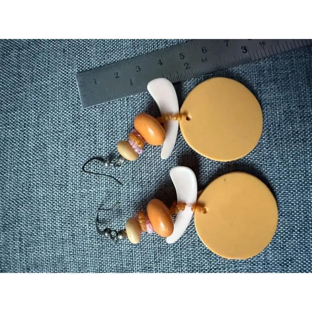 Vintage Lucite Acrylic Dangle Drop Earrings Orange Peach Tropical Boho Coastal